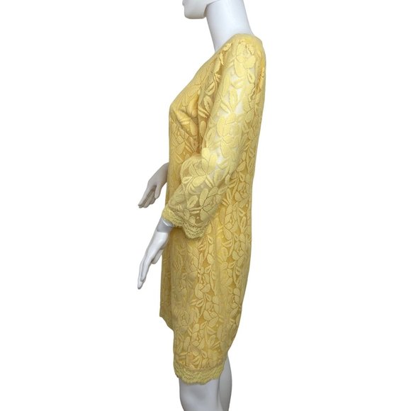 London Times Yellow Lace Dress 6 Overlay Lined Above Knee Round Neck Floral - Picture 4 of 16